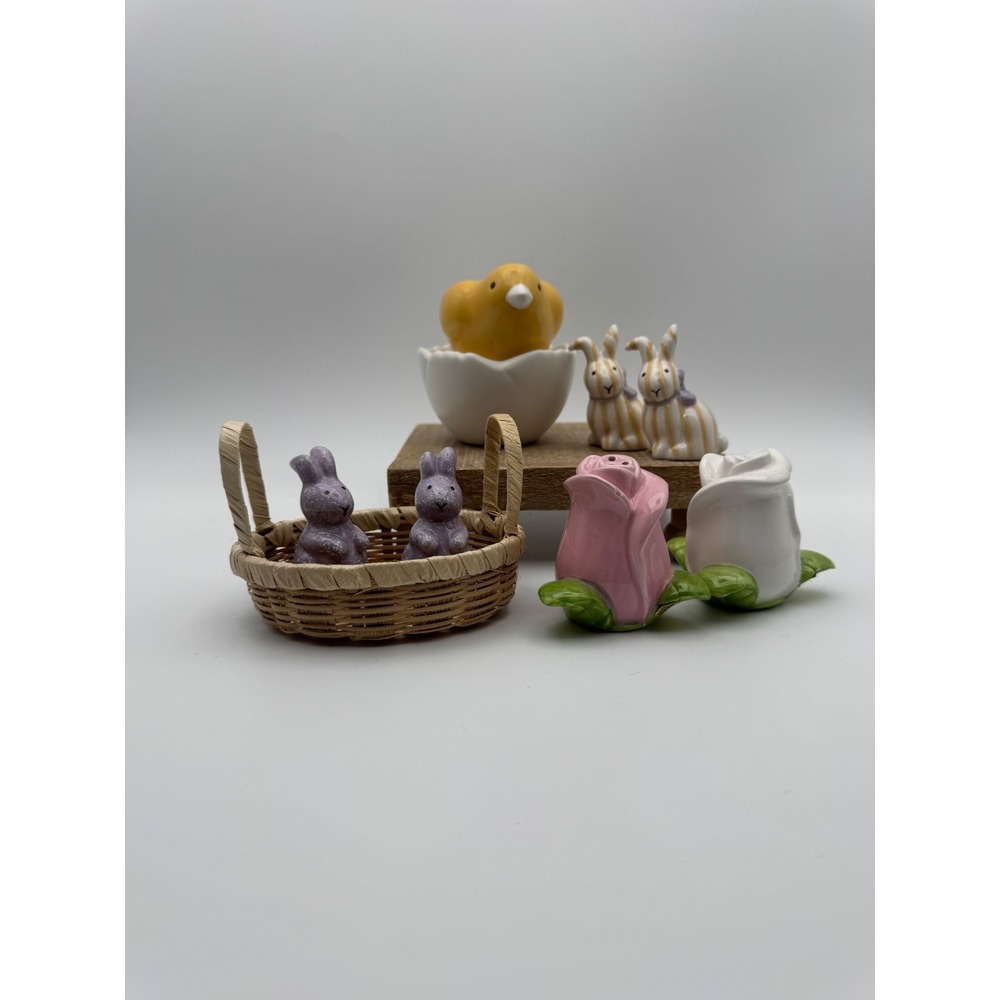 Easter Spring Salt Pepper‎ Shakers Set 1989 Applause Roses Bunnies Chick Basket